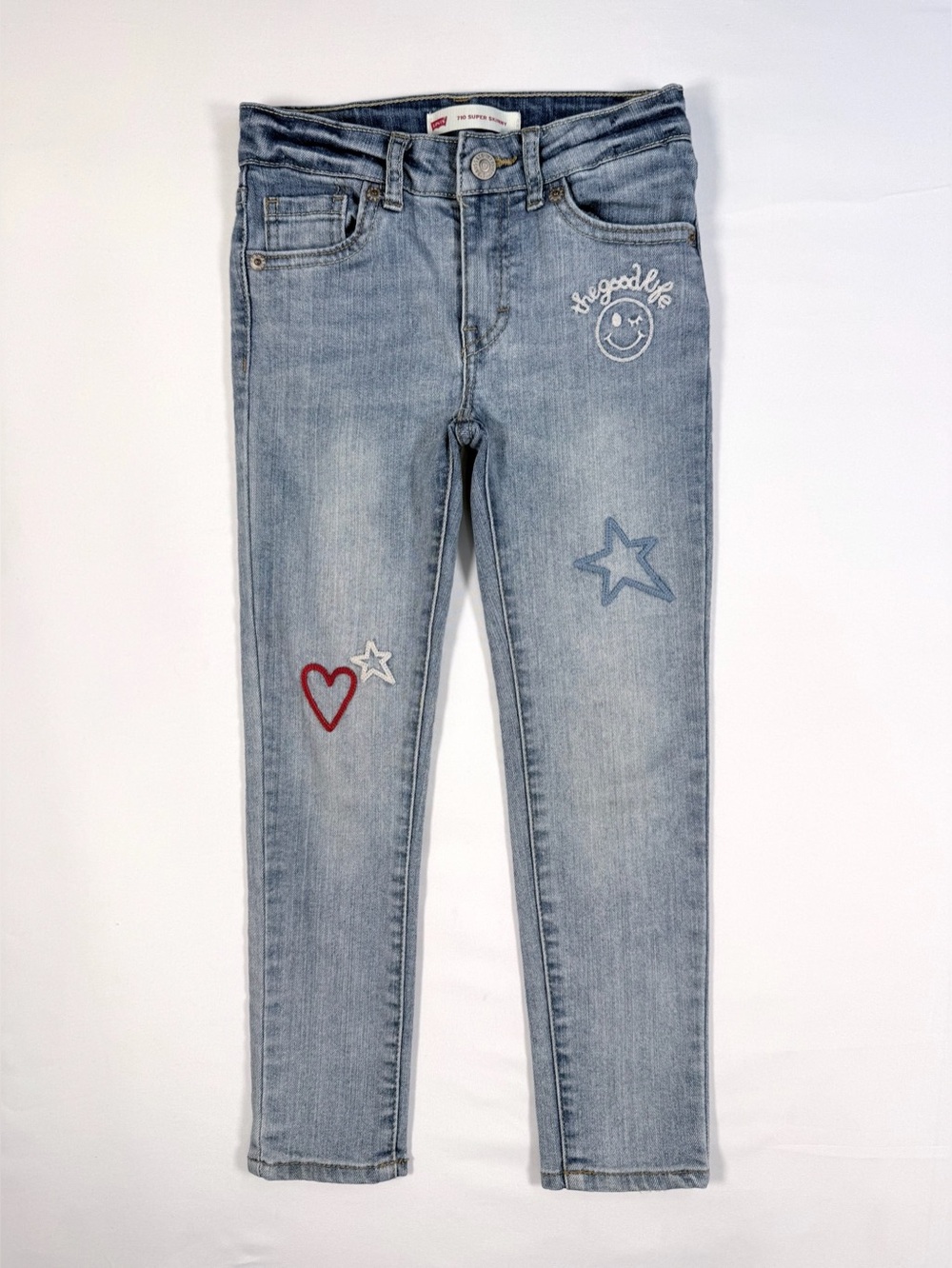 LEVIS Girls 710 Super Skinny Jeans Size 6 Light Wash Y2K Smiley Patch Denim